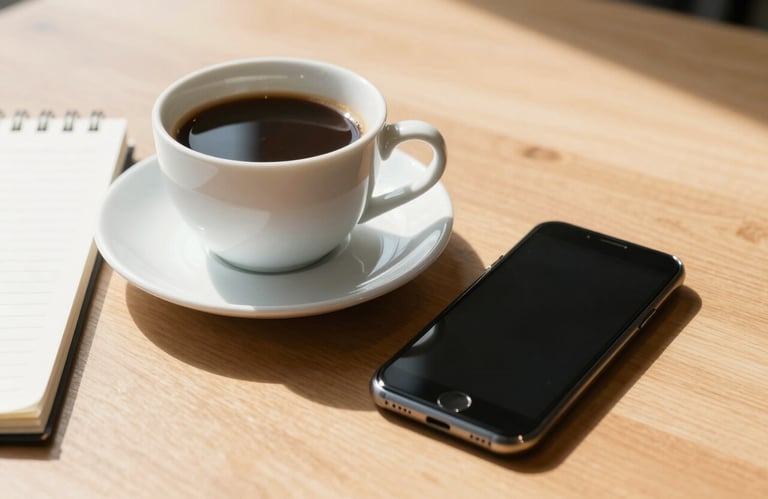 A close-up of a cup of coffee next to a notepad and a smartphone on a clean wooden desk, bright Australian morning light, minimalist style.