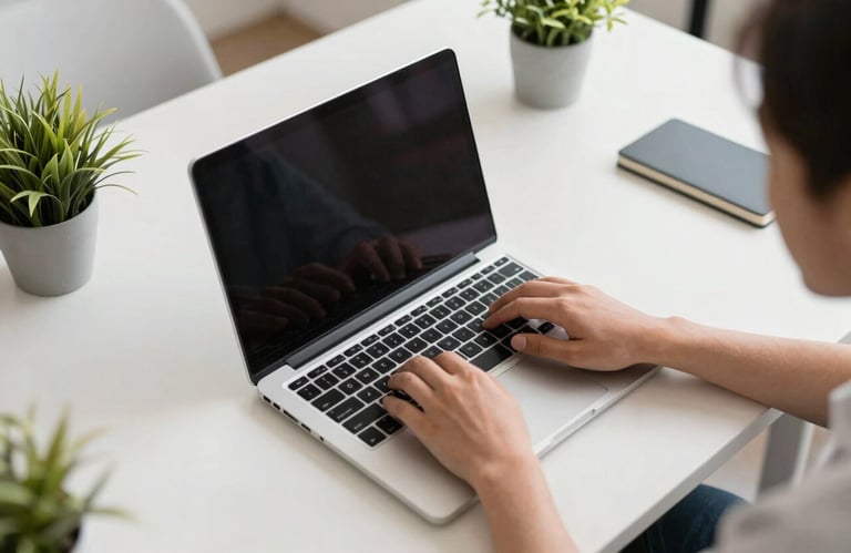 Top-down view of a person typing on a laptop at a clean, modern white desk in a bright Australian office, surrounded by simple green plants.