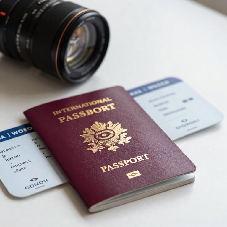 A professional photography shot of an international passport with a visa stamp and a plane ticket on a clean white table. Soft focus, professional lighting, International English / Global.