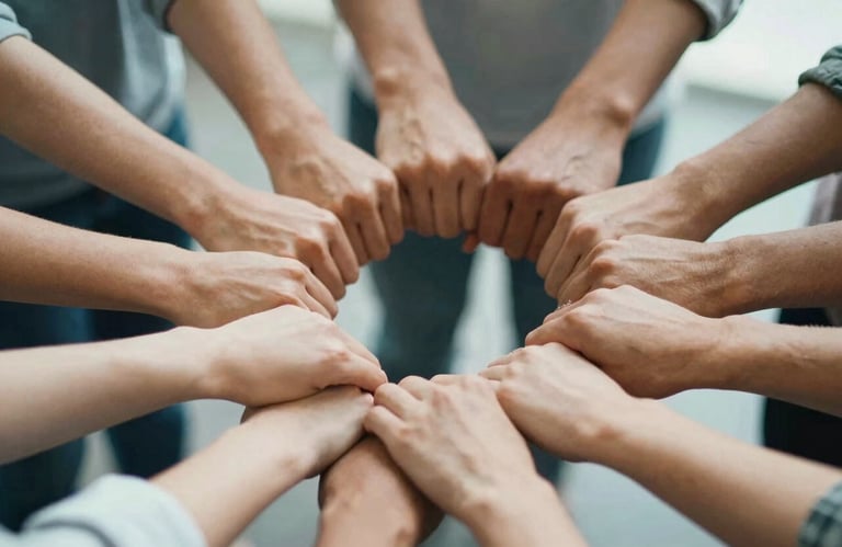 A close-up of a diverse group of people's hands joined together in a circle, representing unity and quiet strength. The lighting is professional and soft, with shades of #A8B9A6.