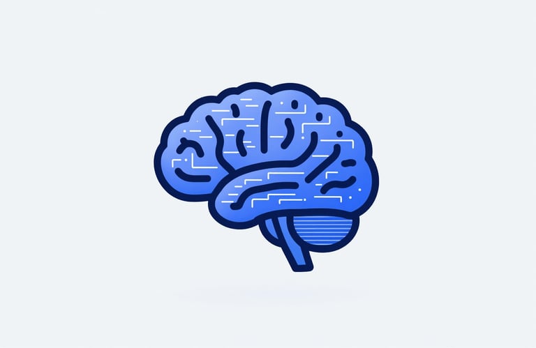 A clean, minimalist 3D icon of a digital brain being formed by lines of code. Stylized and modern using #121212 and #9C9CF8 colors on a neutral background.