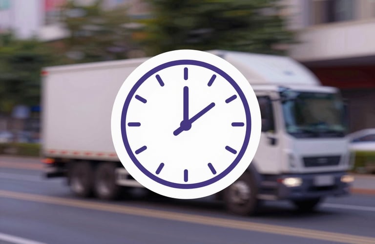 Icon-style photo of a digital clock overlaying a moving truck, symbolizing speed and immediate connection, white and purple tones.
