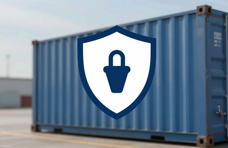 A digital shield icon appearing over a cargo container, symbolizing technology-driven security, modern professional style.