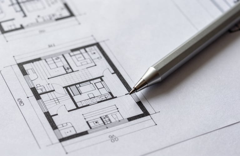 A close-up of high-quality architectural blueprints and a digital stylus on a light grey surface, representing strategic architecture consulting. Professional and clean composition.