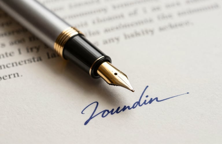 A close-up of a high-quality fountain pen with a gold nib resting on a signed legal contract with dark blue ink on off-white paper.