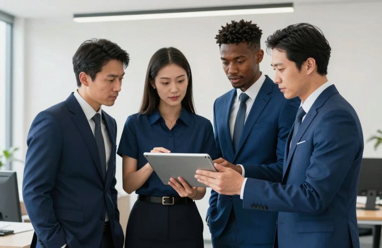A diverse team of corporate professionals in medium blue attire reviewing a digital tablet in a clean, off-white office setting.