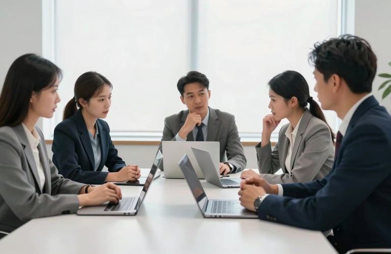 A professional business meeting scene in a brightly lit, modern office space in the US, where experts are collaborating around a sleek white table with premium technology.