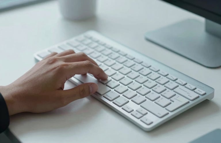 A close-up photograph of a professional's hand using a high-end keyboard in a clean, minimalist workspace with light blue and white color palette, representative of a North American tech firm.