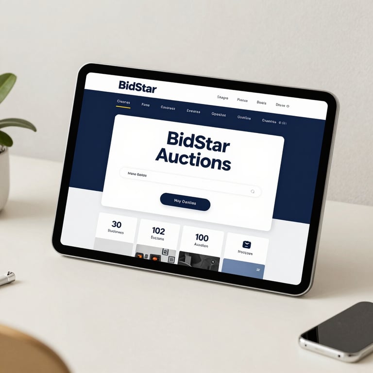 A tablet and smartphone displaying an online auction website and mobile app interface.