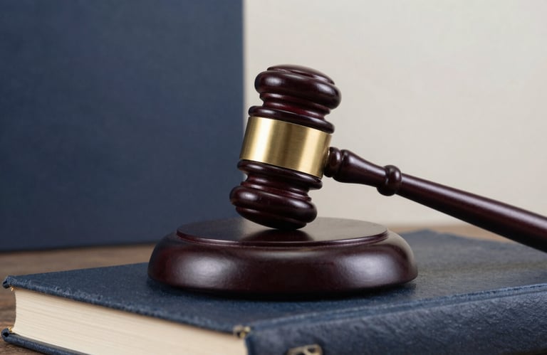 A professional wooden auction gavel resting on a leather-bound book, set against a dark slate blue and off-white backdrop with soft side lighting.
