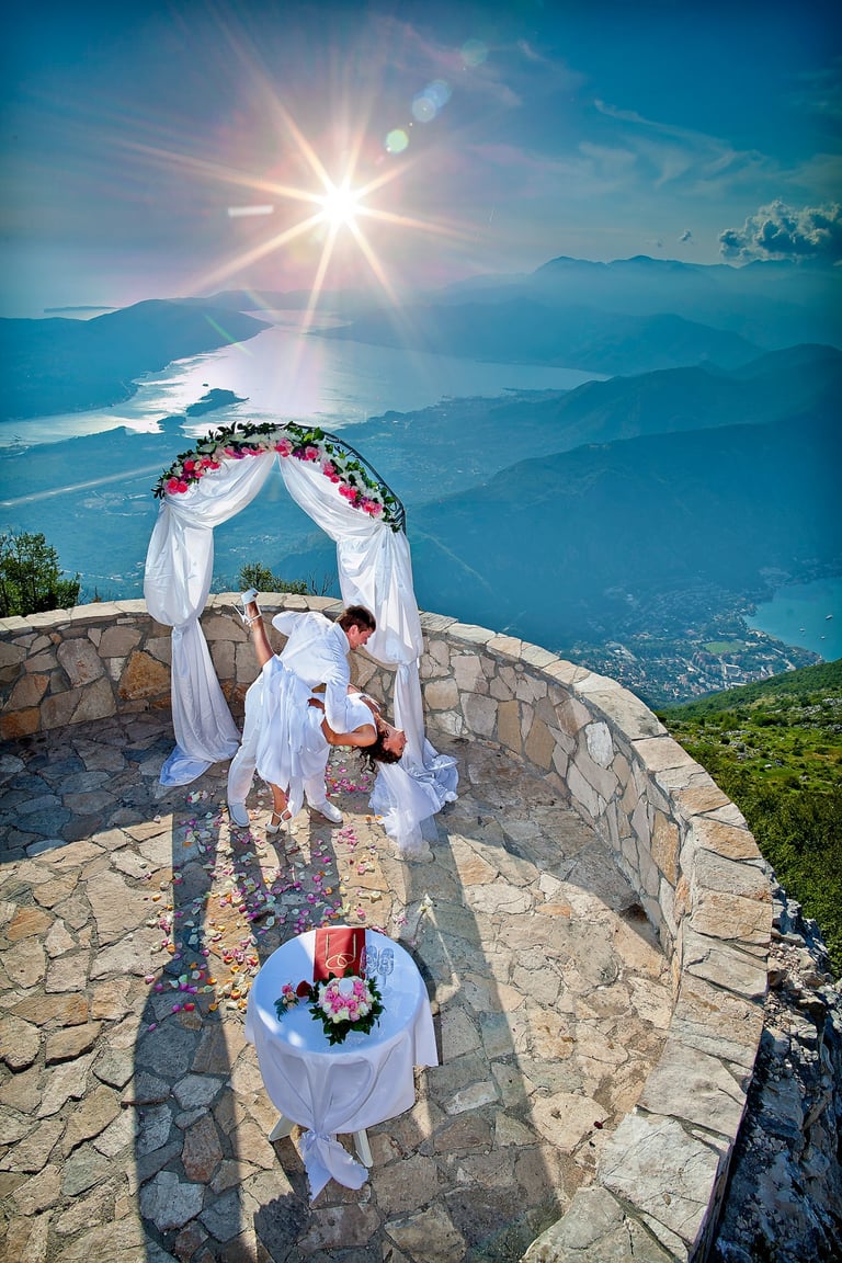 Wedding ceremony in the mountain Lovcen above Kotor and Tivat with view of Boka bay