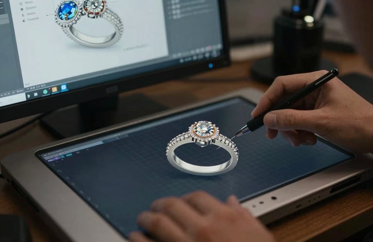 A close-up shot of a high-tech CGI workstation displaying a detailed 3D jewellery model, focused on innovation and digital precision.
