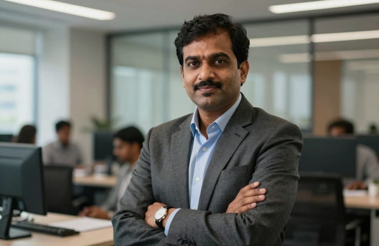 A professional portrait of a business leader in a modern Indian office setting, representing 40 years of sales and marketing wisdom.