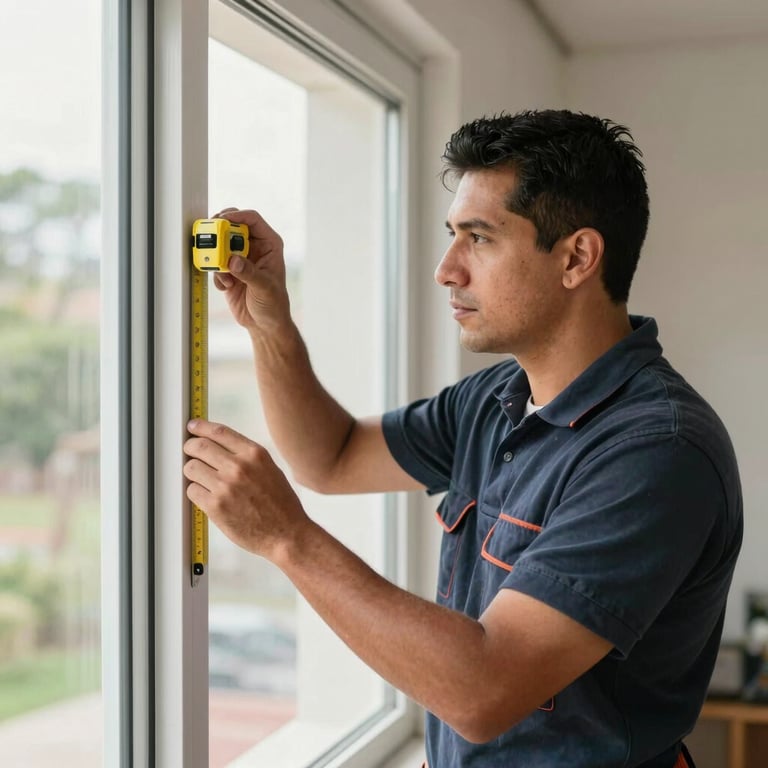 A professional installer in uniform carefully measuring a large window frame with a laser level in a Hispanic / Latin American residential setting.