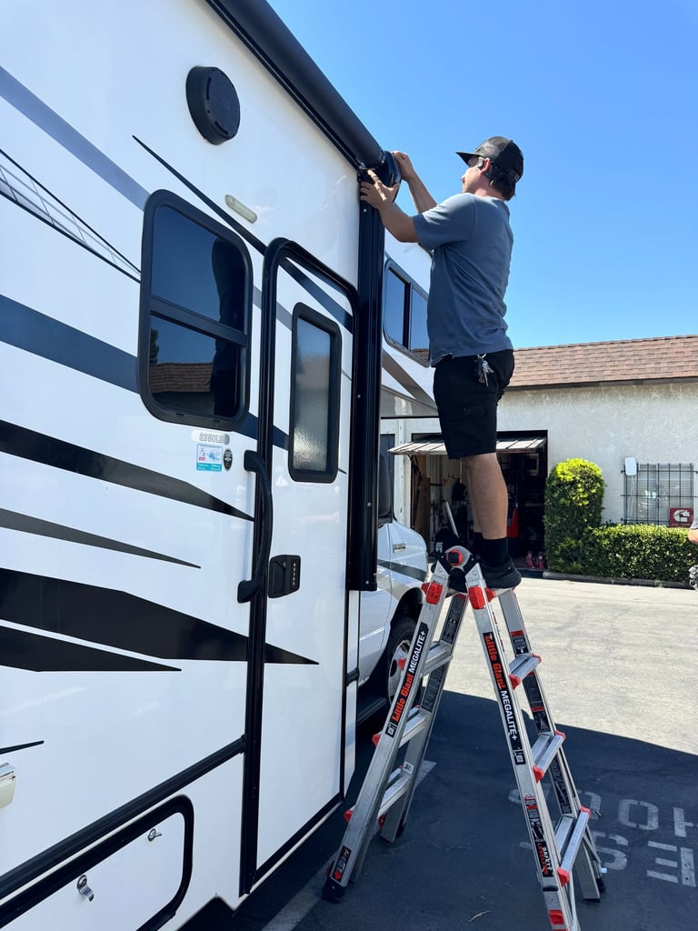 Joey Pactwa repairing an RV awning in Orange County, CA
