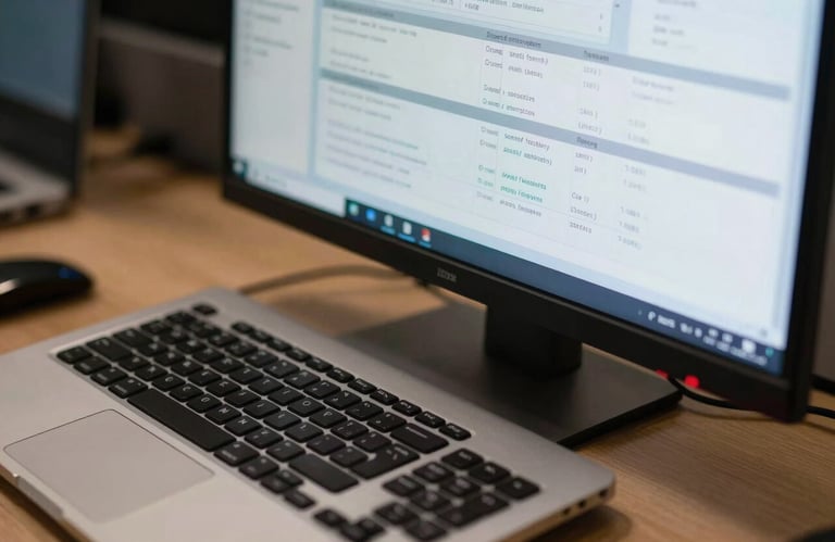 A close-up photograph of a sleek computer workstation in a North American / US corporate setting, displaying complex but clean data analytics.