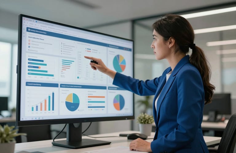 A professional woman in a Steel Blue blazer analyzing a large wall-mounted monitor displaying marketing analytics in a modern office.