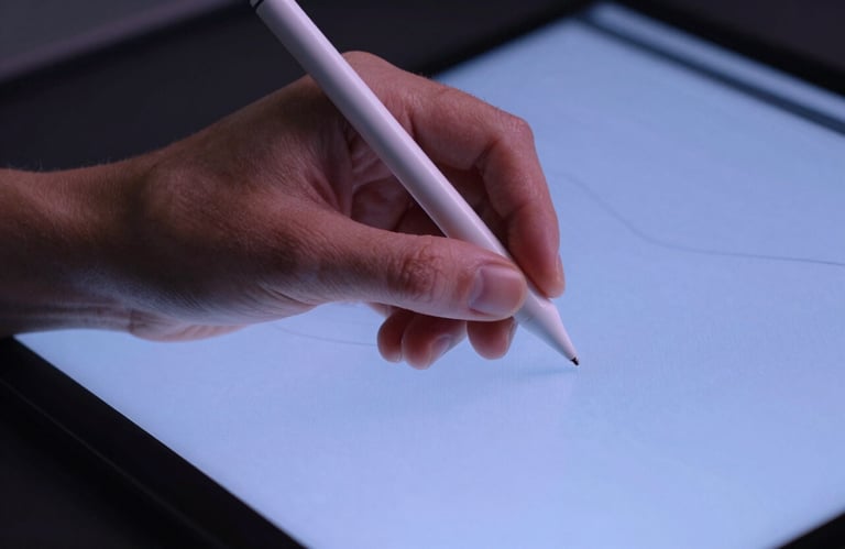 A macro photograph of a professional graphic designer's hand using a precision stylus on a digital canvas, illuminated by soft Periwinkle Blue light.