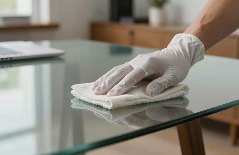 Detail shot of a professional hand in a white glove wiping a sleek, modern glass tabletop in a well-lit North American home office.