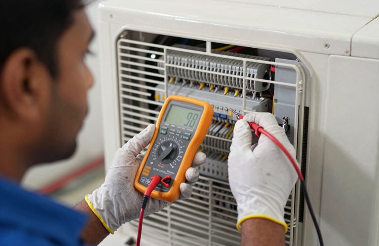 A close-up of a South Asian / Indian technician's hands wearing protective gloves while checking the electrical components of an AC unit with a multimeter.