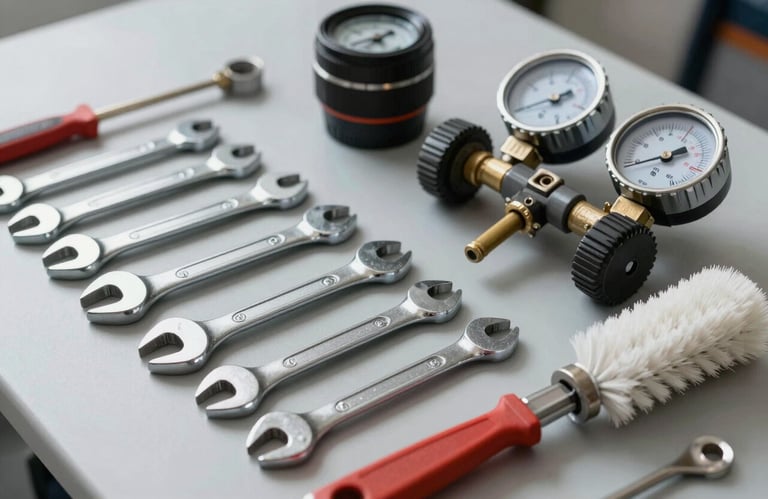 A professional toolkit containing wrenches, pressure gauges, and cleaning brushes laid out neatly on a light gray surface, representing professional AC service.