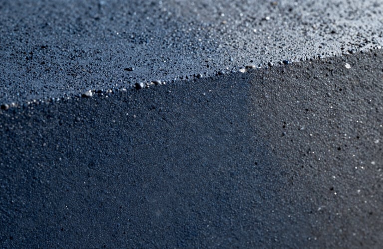 A macro photograph showing the intricate texture of polished concrete. Small aggregates are visible within the Deep Navy Blue and Steel Grey matrix, showcasing a high-gloss, professional finish.