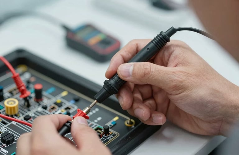 Close-up of a professional's hand using a high-tech electrical tester on a circuit. Sharp focus, clean environment, conveying expertise and precision.