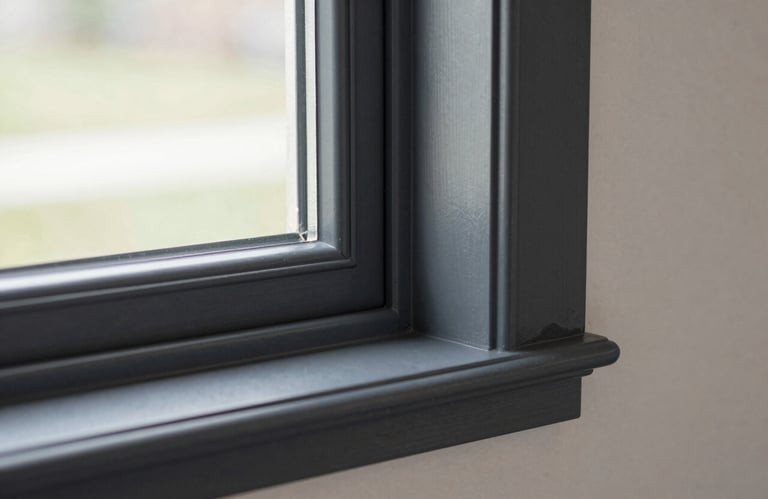Detailed close-up of a freshly painted window frame on a modern North American / US home, in deep charcoal against soft off-white.
