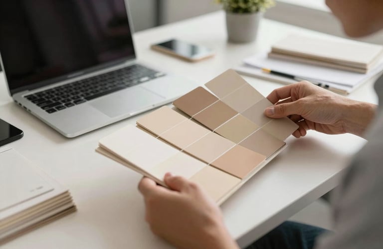 A design professional in a bright North American / US office reviewing a palette of warm beige swatches.