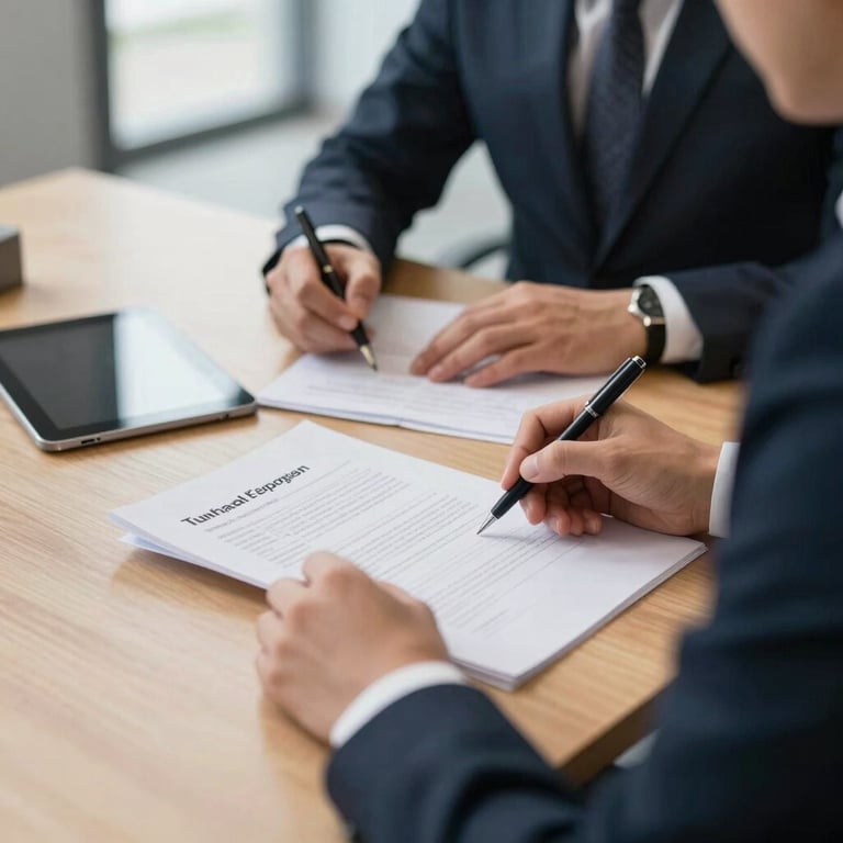 Close-up of a professional business consultation in a Central European office, with documents, a tablet, and a pen on a light wood desk in natural daylight.