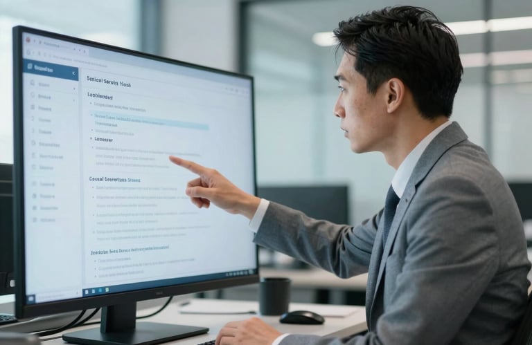 A professional in a Global / Professional office setting pointing at a digital screen during a career consultation session. The lighting is modern, clean, and highlights Soft Steel Blue tones.