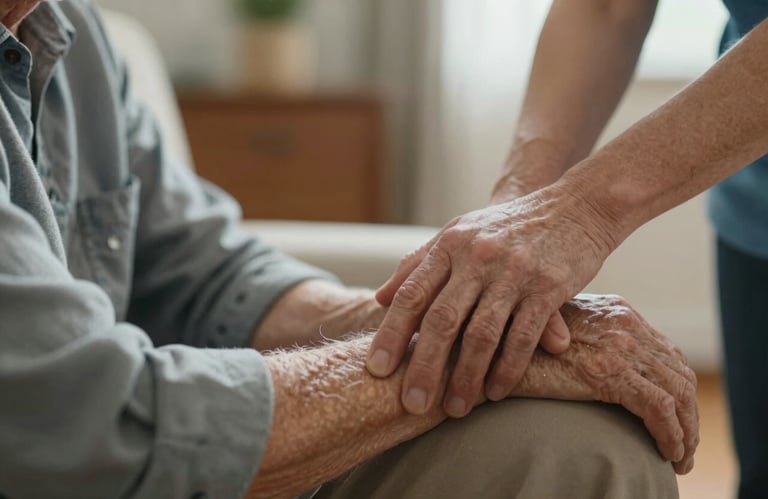 A gentle and empathetic scene in a North American / US home, where a caregiver’s hand rests supportively on an elderly person's arm.