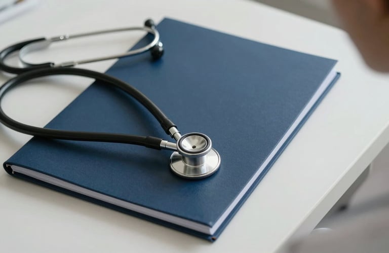 A close-up shot of a professional medical consultation in a North American / US clinic, showcasing a Dark Slate Blue folder and a stethoscope on an Off-white desk.