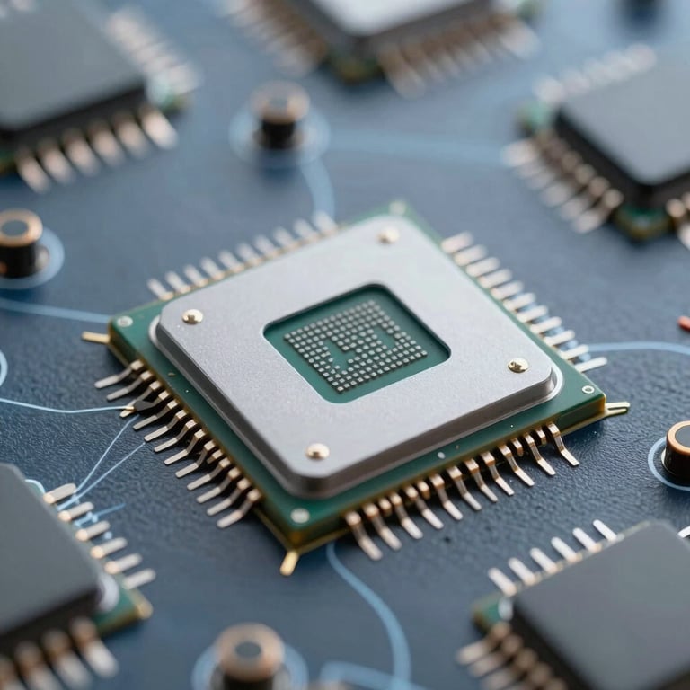 A sleek, modern engineering workspace bathed in cool blue light with holographic chip designs floating above a desk.