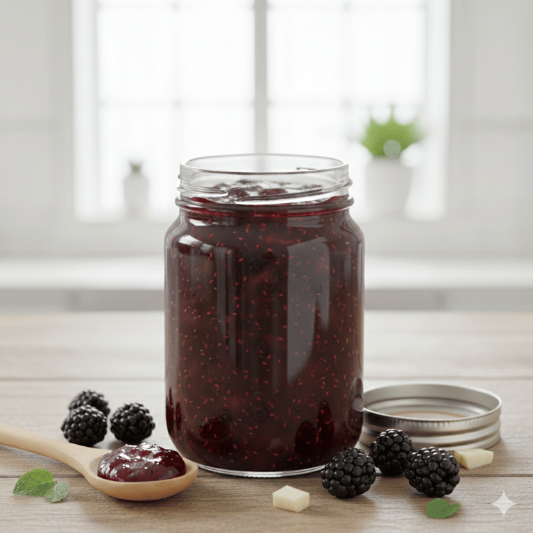 Un frasco de vidrio con mermelada de moras casera sobre una mesa de madera con moras frescas