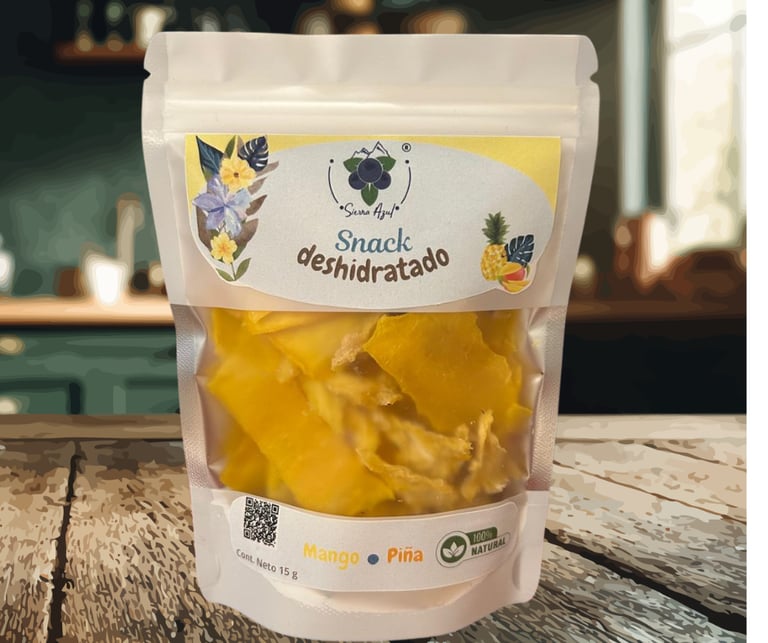 Una bolsa de 15 g de snacks de mango y piña deshidratados Sierra Azul sobre una mesa de madera 