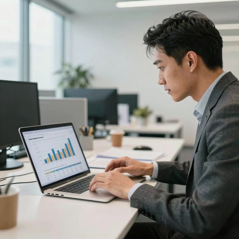 Action shot of a creative manager in a professional North American agency. They are using a laptop to review social media growth charts. The setting is bright, airy, and modern.