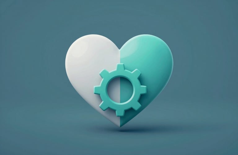 A stylized 3D icon of a heart integrated with a gear, representing the fusion of user-centric design and technical engineering, rendered in #74A7A7 and #2E6C6C.