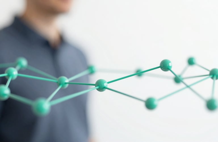 Abstract digital nodes and neural network lines connecting smoothly, colored in #2E6C6C and #74A7A7, symbolizing innovation and connectivity.