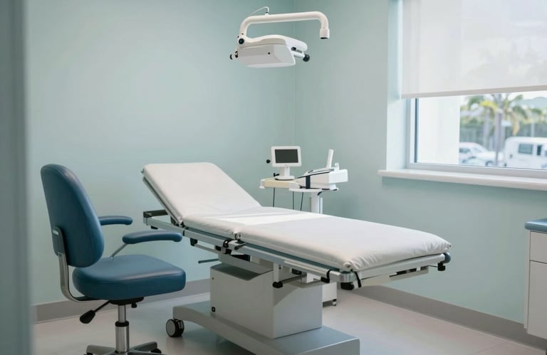 A clean, modern medical consultation room in an Oceanian / Australian clinic, featuring ergonomic furniture and a soft blue and pale mist color scheme, bright natural light.