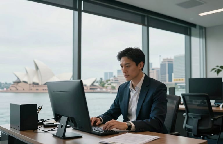 A professional in professional attire working in a high-tech Oceanian / Australian office with large windows overlooking Sydney, bright and efficient mood, dark teal elements.