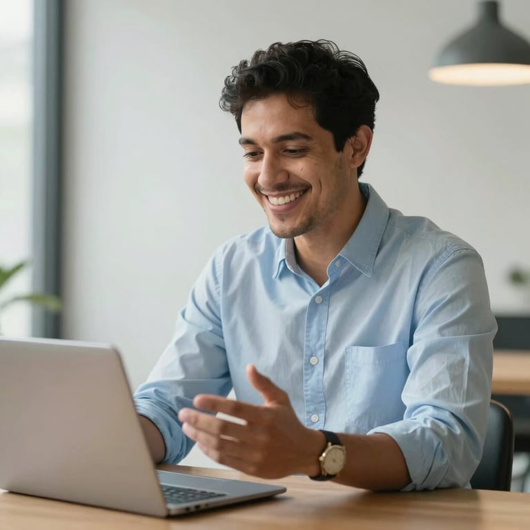 A professional South American individual smiling warmly while engaging in a video call, modern minimalist office background, soft natural lighting, pale ice blue and matte gold colors.