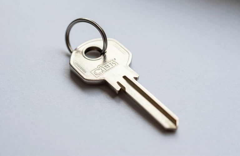 A macro photography shot of a clean, metallic digital key resting on a mist white surface. The lighting is soft and focuses on the texture of the metal, symbolizing security and encrypted access.