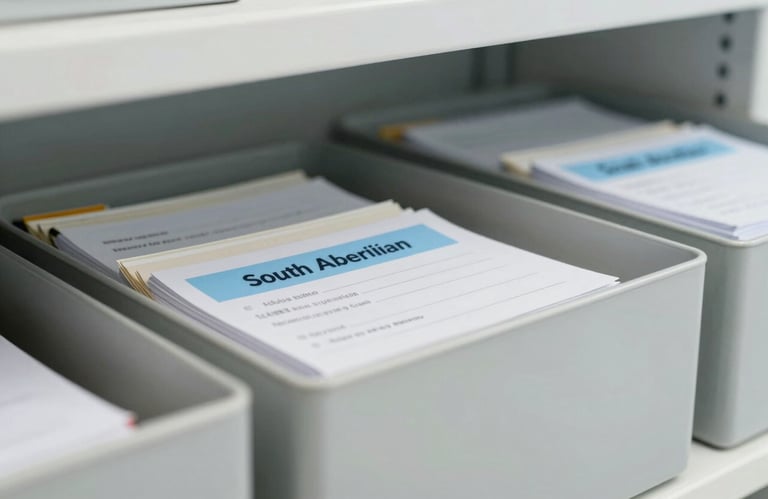 Close-up of organized medical files in a modern storage system within a bright South American medical clinic, clean lighting.