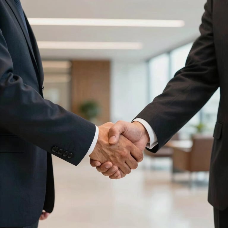 A firm handshake between two professionals in business attire, light-filled modern office lobby in Brazil, symbolic of partnership and trust.