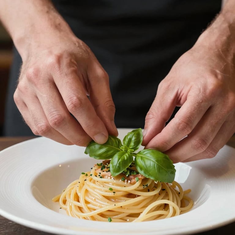 Close-up of hands delicately arranging a fresh sprig of basil on a pasta dish for a professional photo shoot, blurred restaurant background.