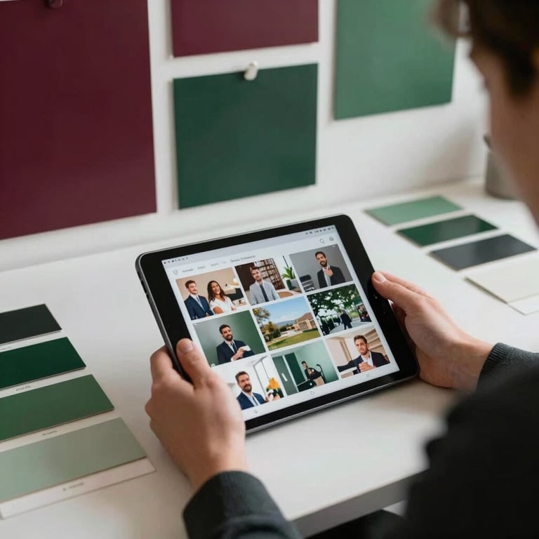 A person in a modern office setting in North American / European, working on a tablet to plan a social media grid, surrounded by mood boards with deep ripe crimson and matte forest green samples.