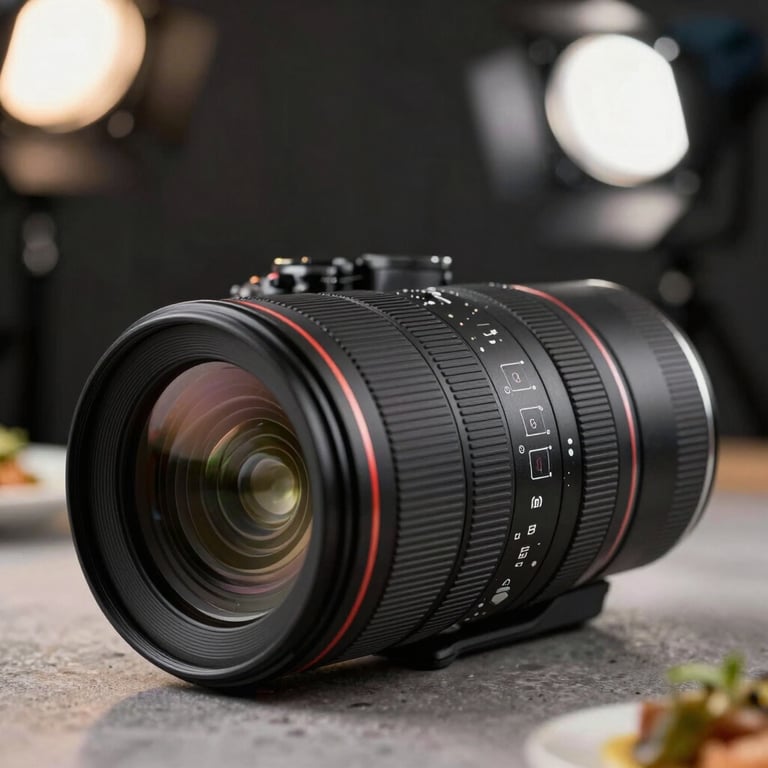Close-up of a high-end camera lens capturing a chef plating a dish, soft focus on the background, professional studio lighting, North American / European.