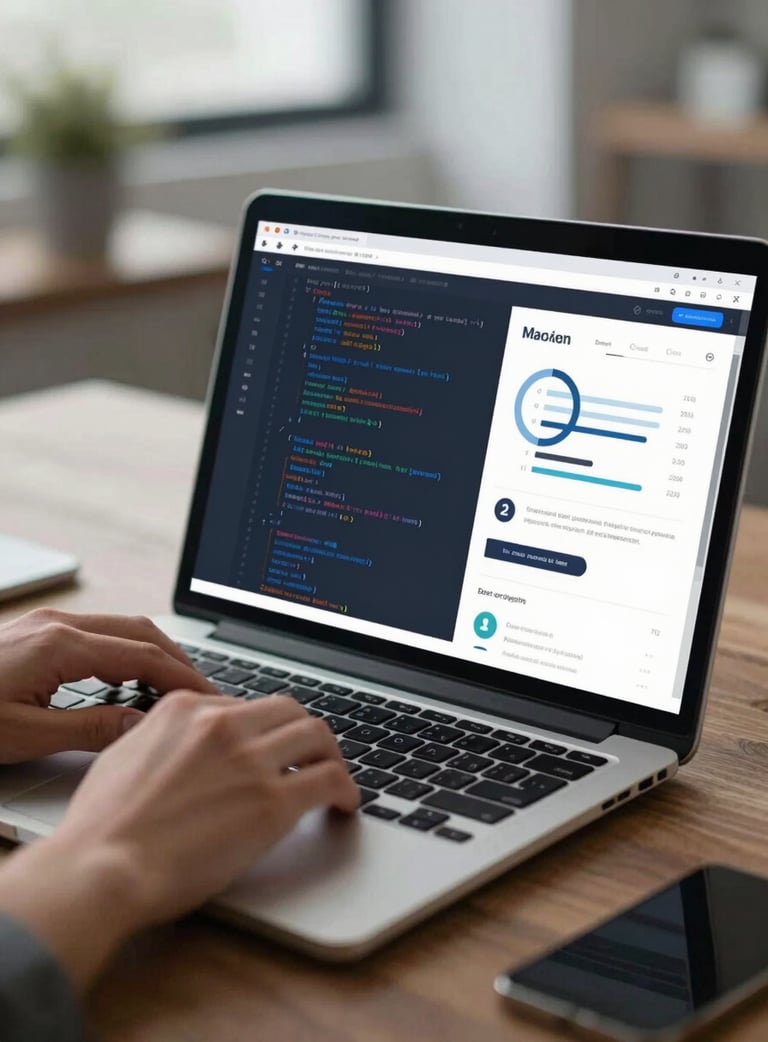 Close up of a professional using a laptop with code and marketing analytics on the screen, soft office lighting, high-end professional atmosphere in #0E1B2C tones.