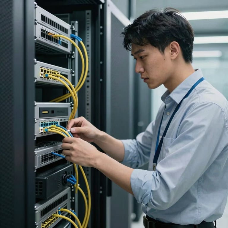 A focused IT engineer in professional attire installing network cables in a server room in a North American corporate facility.